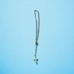 Blue Rosary Beads Necklace Catholic Religious Cross Mary Gold Toned 24” Long